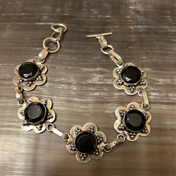 Vintage Jewelry - Vintage Stainless 925 Silver Plated Onyx Crystal Bracelet 925 Onyx  Bracelet